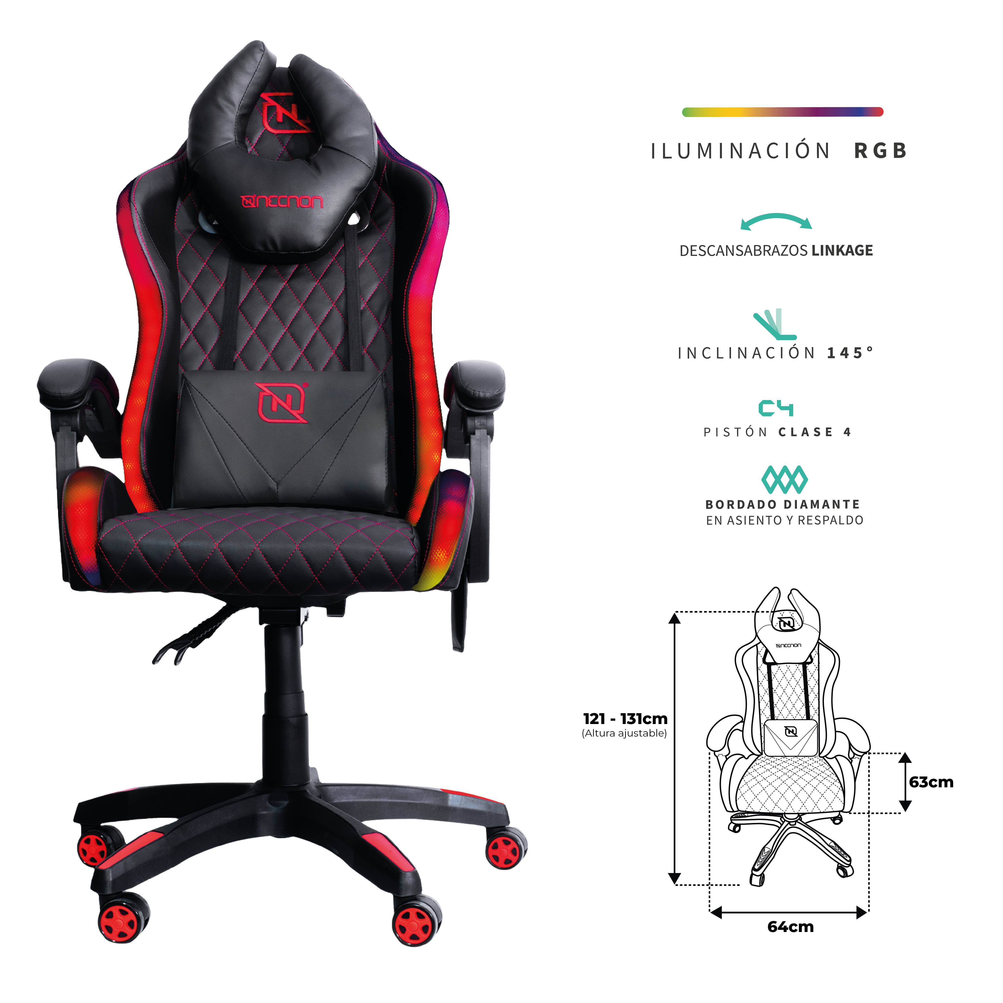 SILLA GAMER RGB INCLINACION RESPALDO 145 CLASE 4 140-150KG NSG-RGB1 FOAM 350MM 63CM*64CM*121-131CM COJIN LUMBAR Y CABEZA NEGRO/ROJO - SILLA GAMER RGB INCLINACION RESPALDO 145 CLASE 4 140-150KG NSG-RGB1 FOAM 350MM 63CM*64CM*121-131CM COJIN LUMBAR Y CABEZA NEGRO/ROJO -